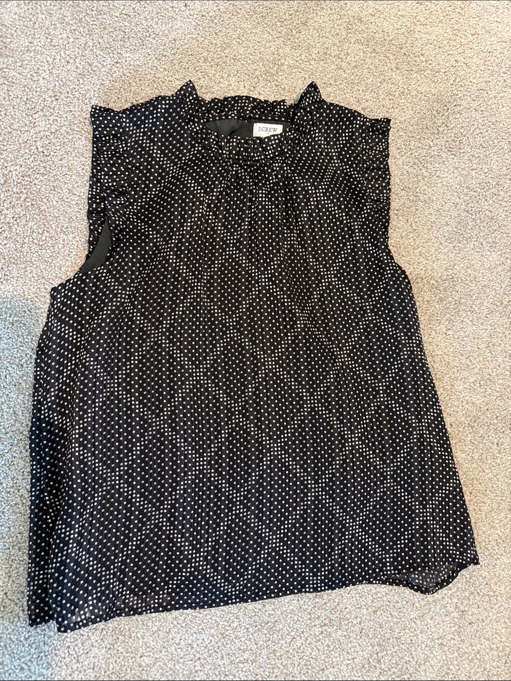 J. Crew Black Polka Dot Sleeveless Ruffle Neck Camisole